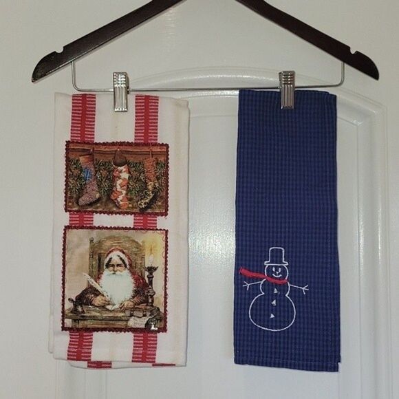 2 Christmas Tea Towels 1 from Crate & Barrel, 1 no tag. Gingham & Santa … - Picture 1 of 7